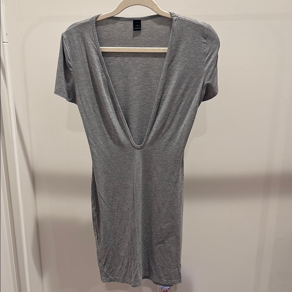 Gray Low V Neck Short Sleeve Dress